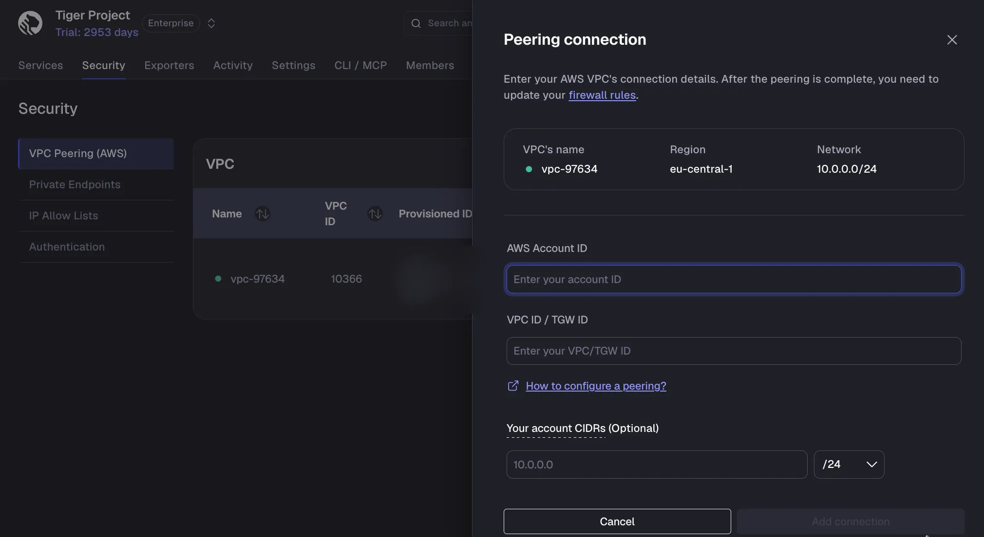 Adding a peering connection with AWS account ID and Transit Gateway details