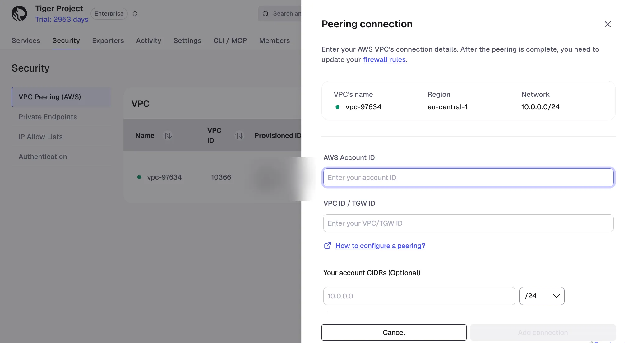 Adding a peering connection with AWS account ID and Transit Gateway details