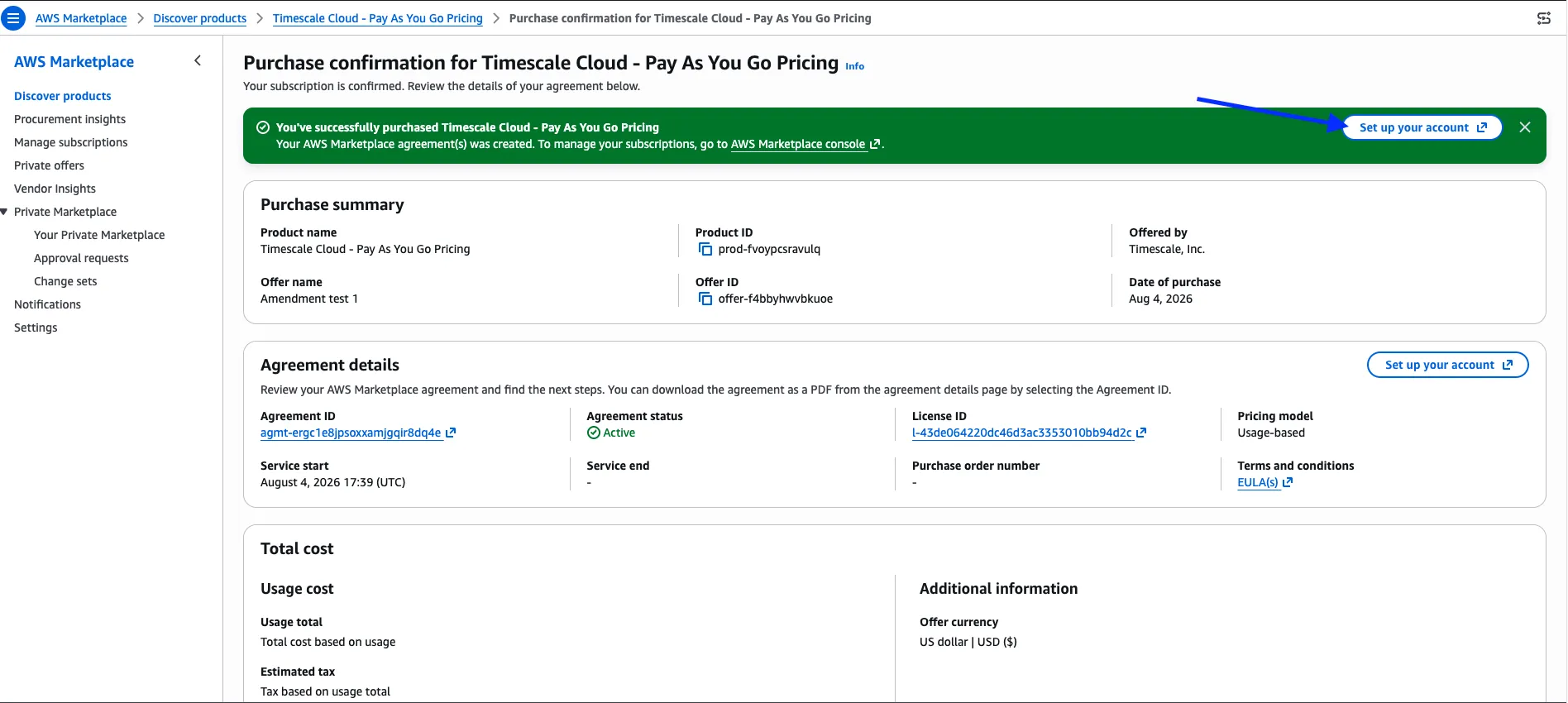 The purchase confirmation page in AWS Marketplace, showing the purchase summary and the agreement details