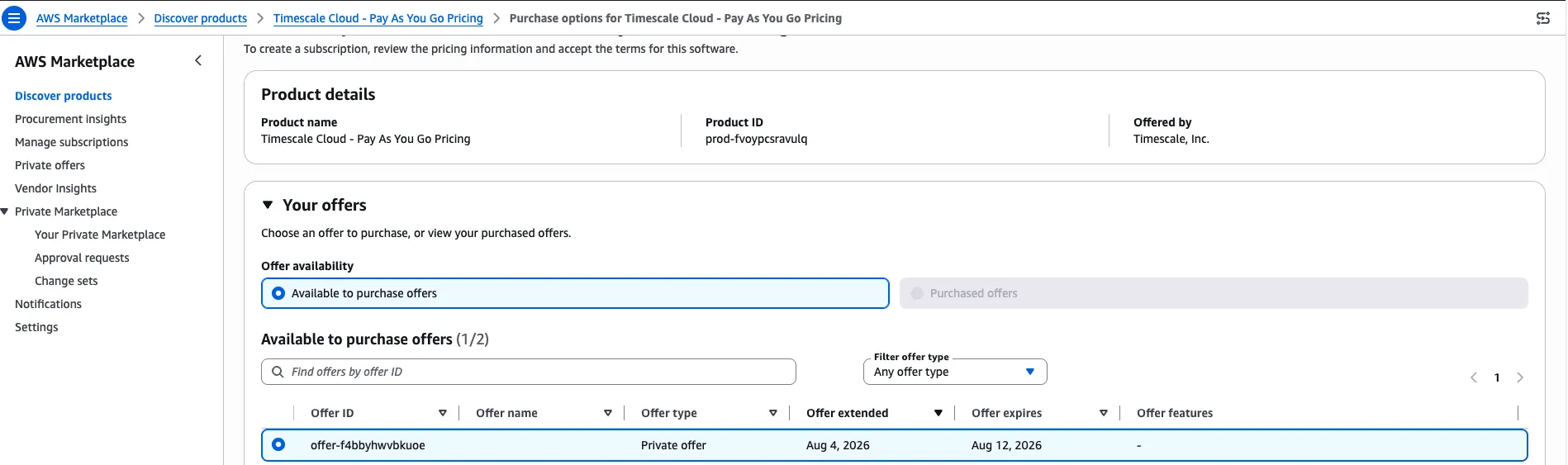 The purchase options page in AWS Marketplace, with a private offer selected under Available to purchase offers