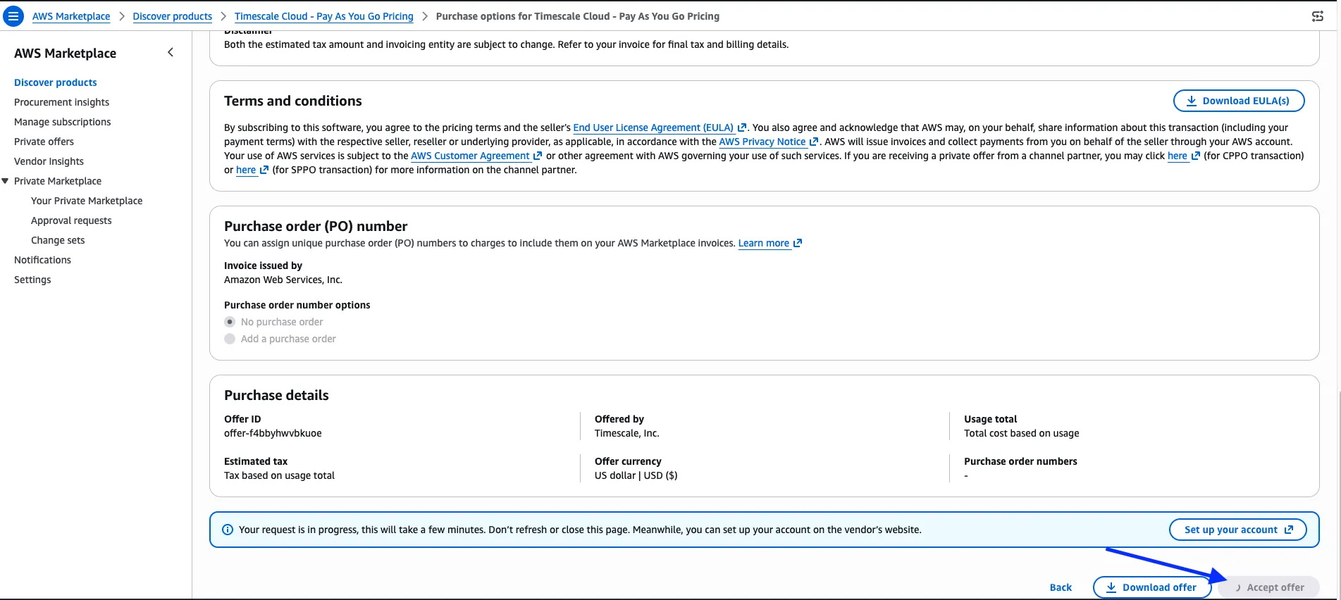 The lower part of the purchase options page, showing Terms and conditions, the purchase order number options, the purchase details summary, and the Accept offer button