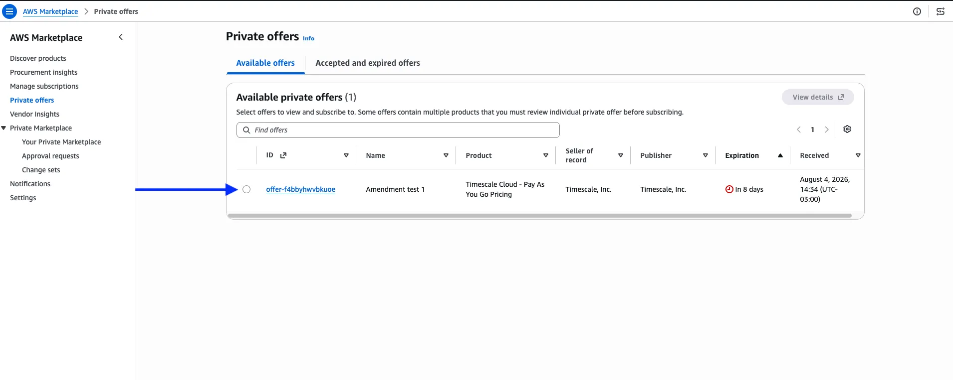 The Private offers page in AWS Marketplace, showing an available private offer on the Available offers tab