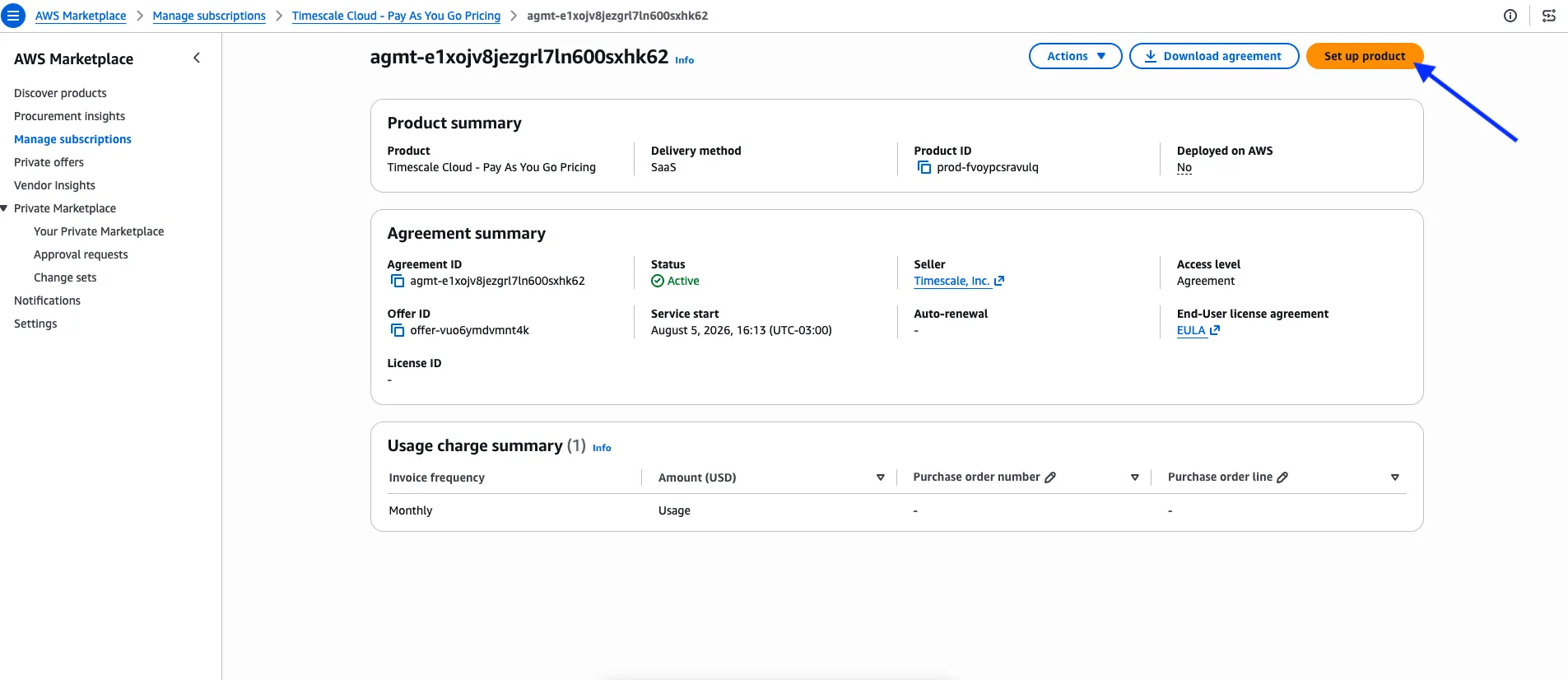 An agreement page under Manage subscriptions in AWS Marketplace, with the Set up product button at the top right
