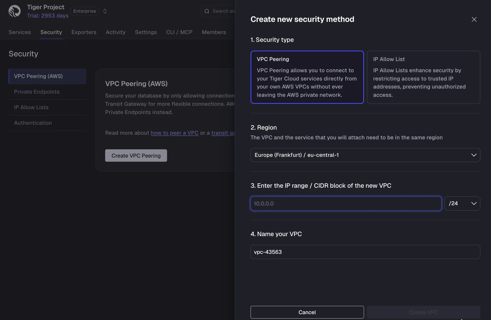 Configuring VPC region, IP range, and name