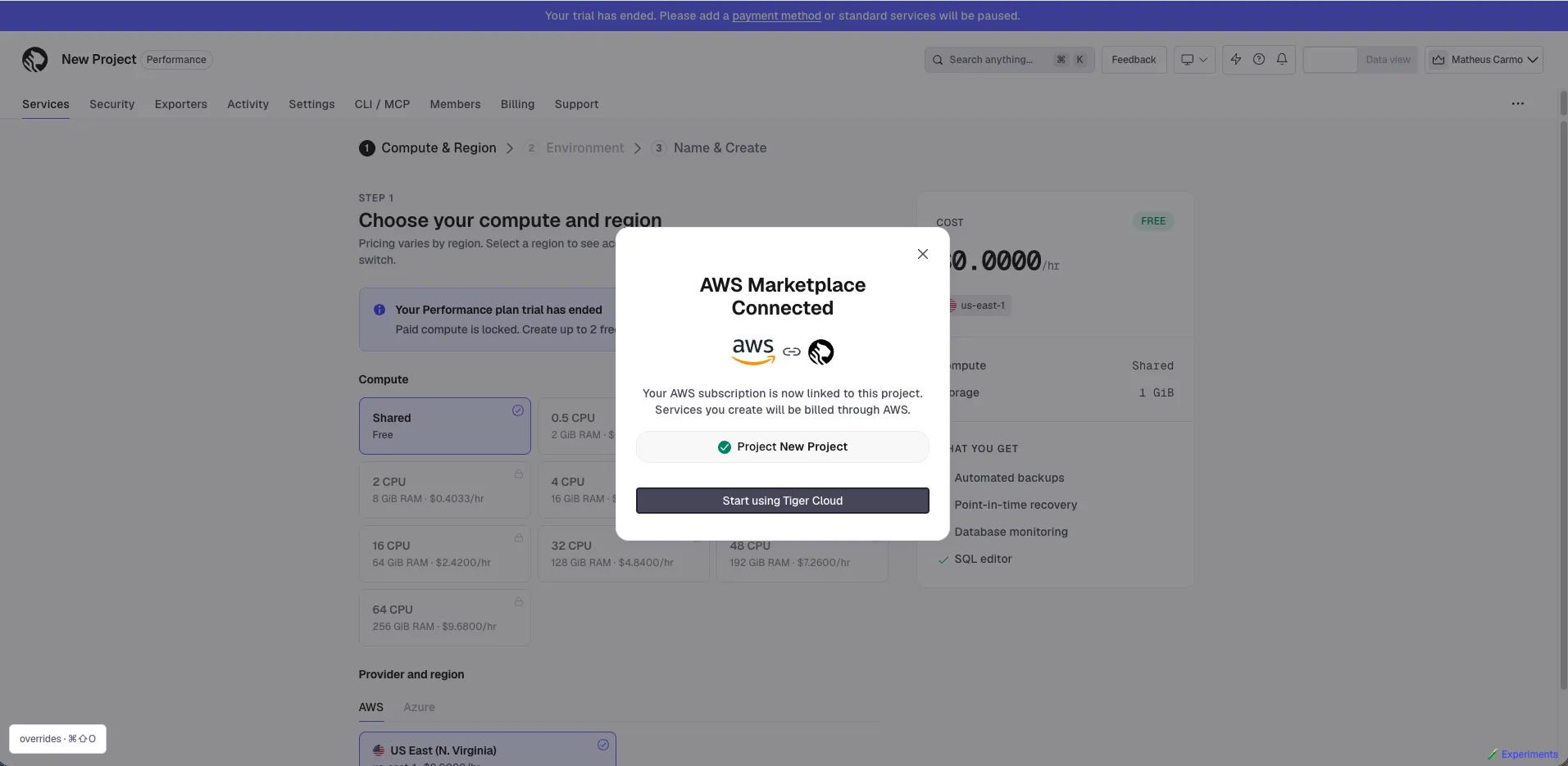The AWS Marketplace Connected confirmation in Tiger Console, naming the linked project