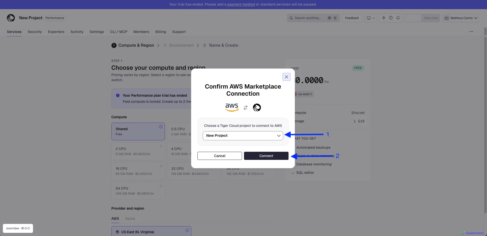 The Confirm AWS Marketplace Connection dialog in Tiger Console, with arrow 1 on the project dropdown and arrow 2 on the Connect button