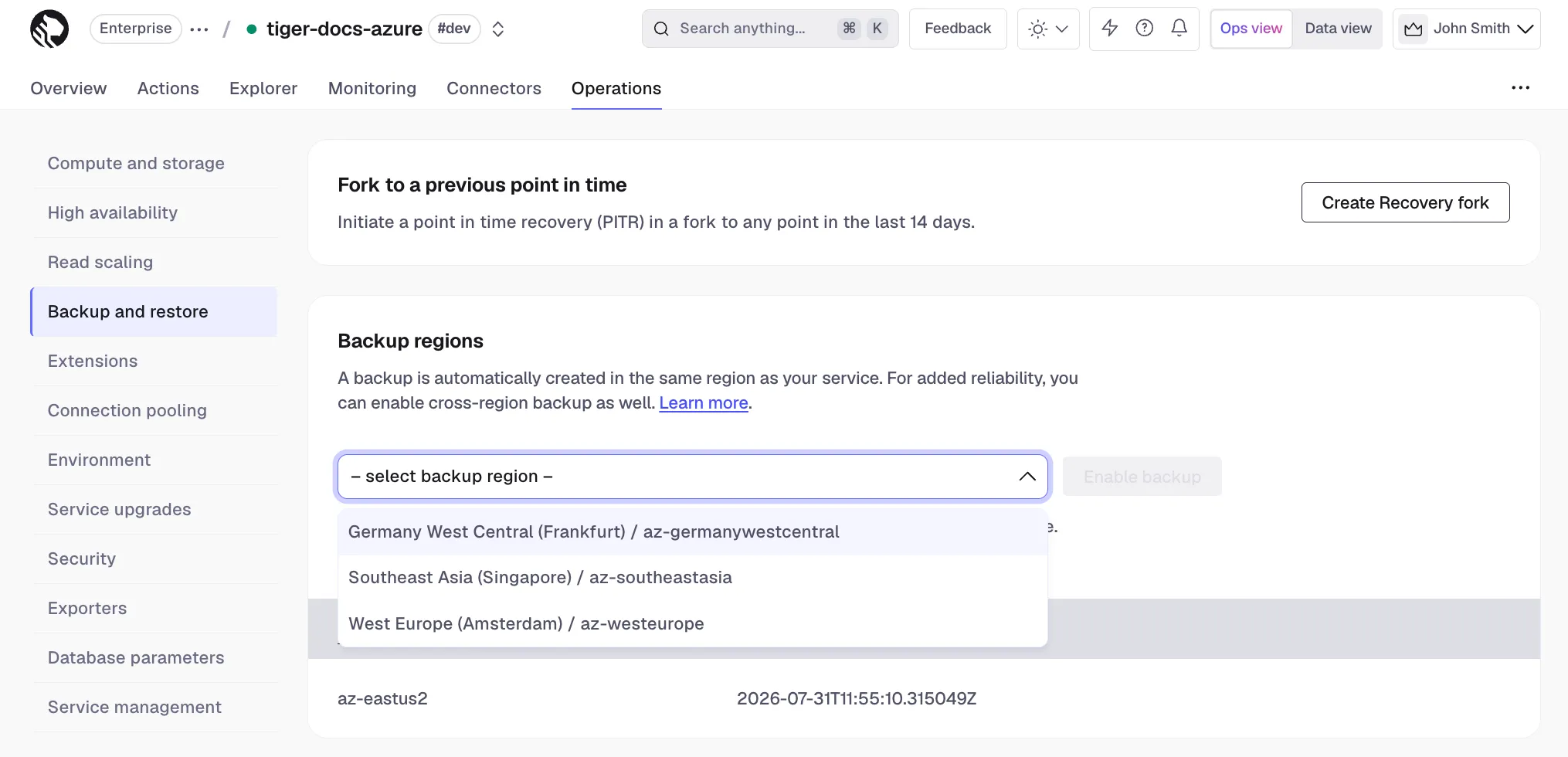 Enabling cross-region backup in Tiger Console on Azure