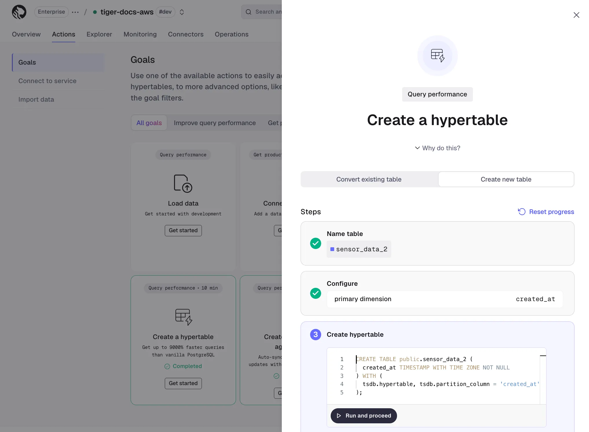 Generated SQL in the Create a hypertable wizard