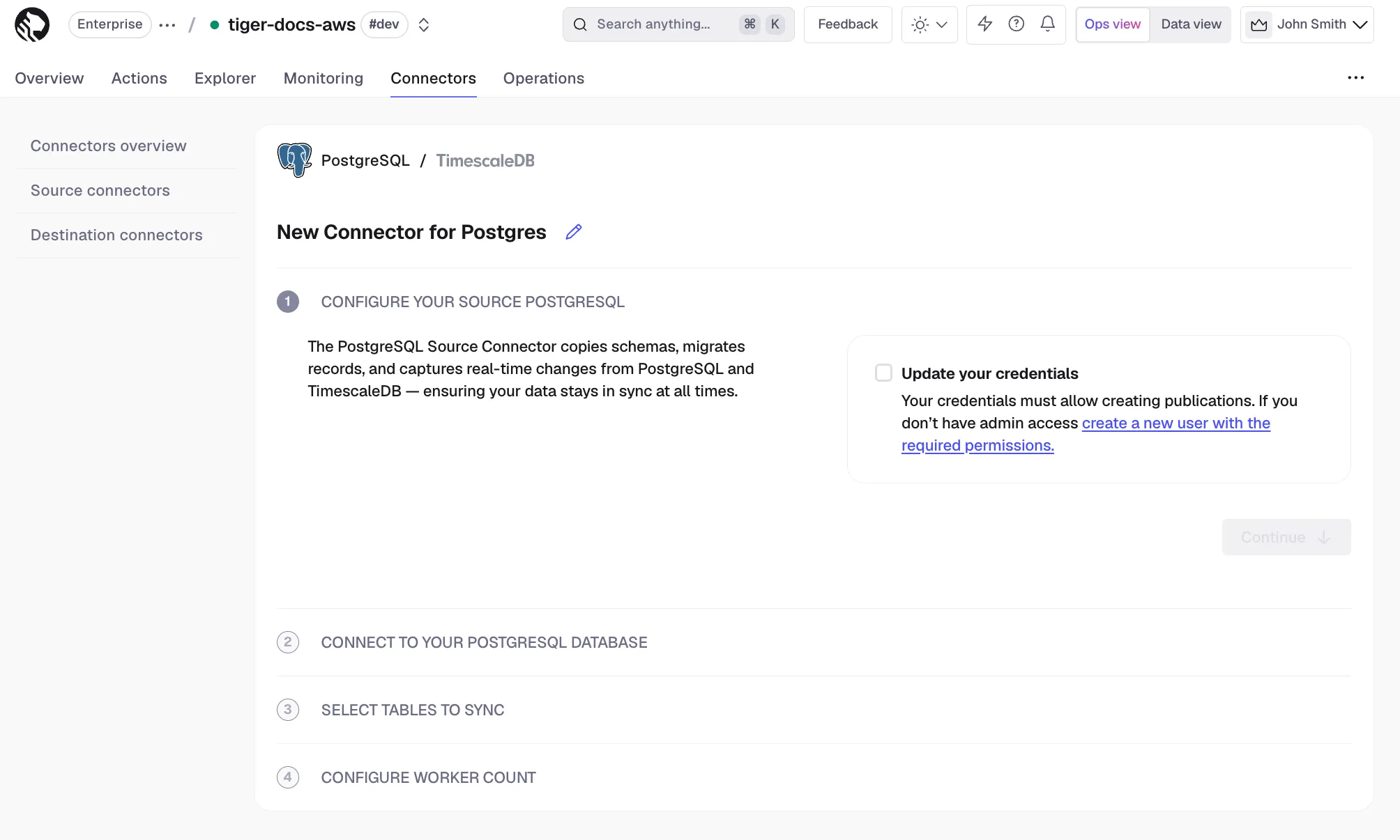 PostgreSQL connector wizard in Tiger Console