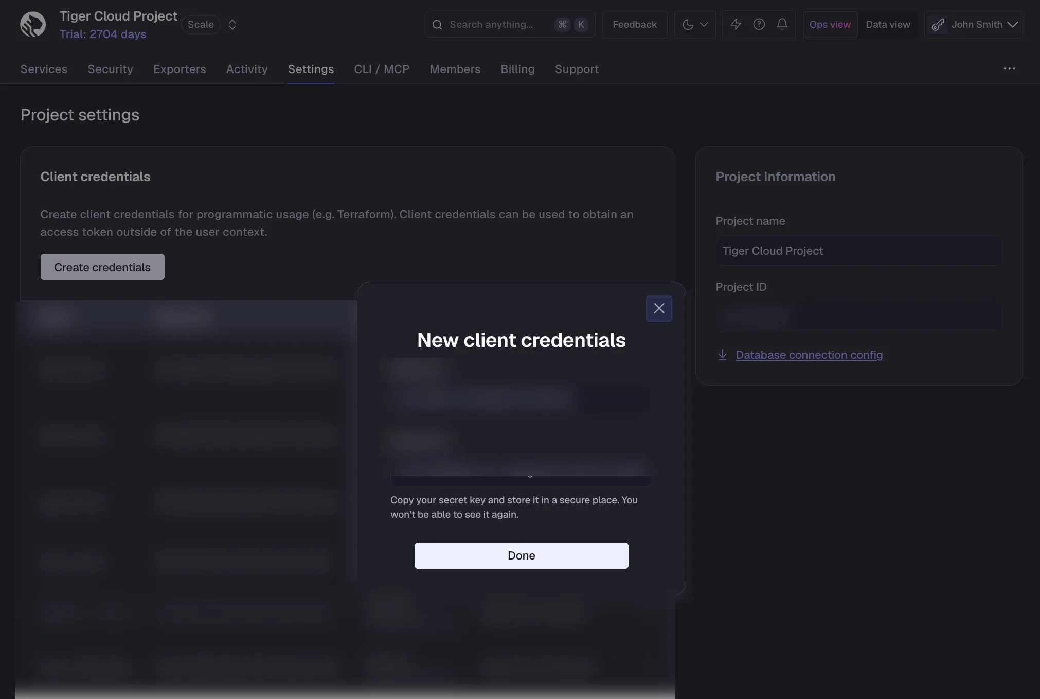 Creating client credentials in Tiger Console