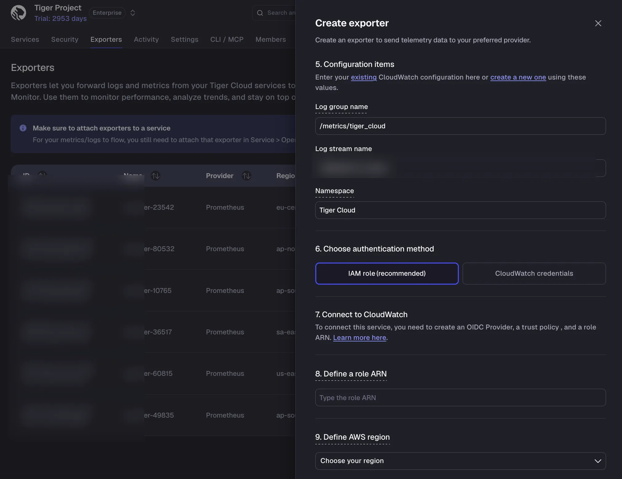 Configuring CloudWatch authentication in Tiger Console