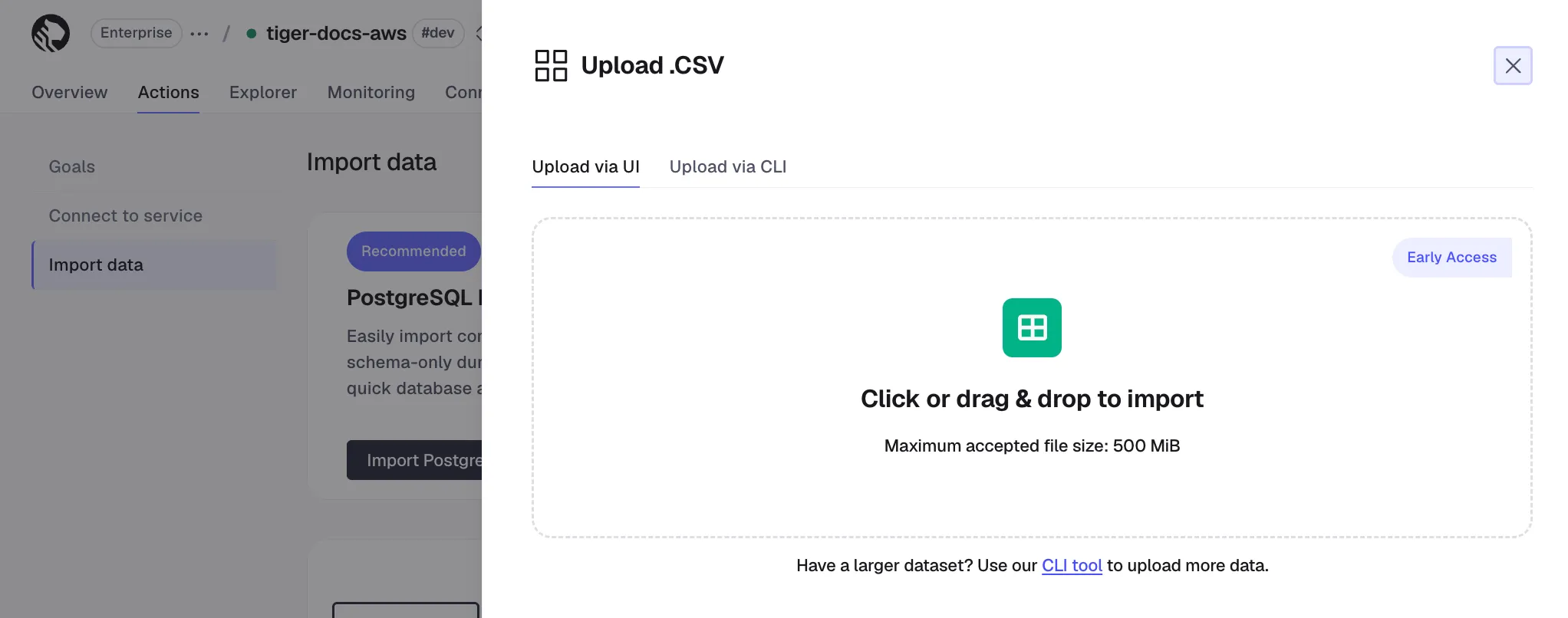 Uploading a CSV file in Tiger Console