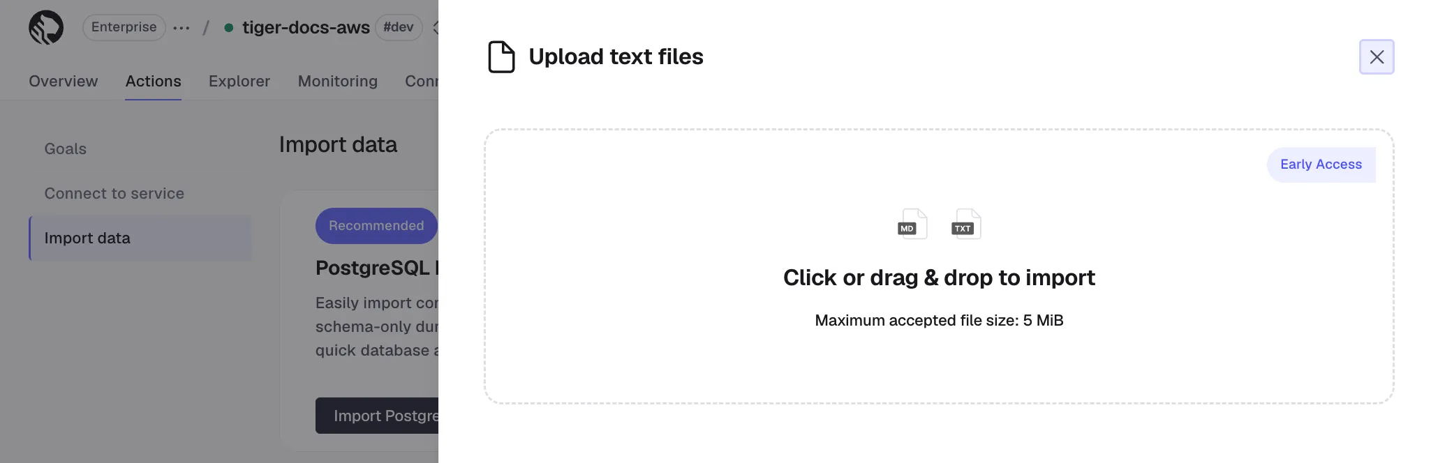 Uploading a text file in Tiger Console