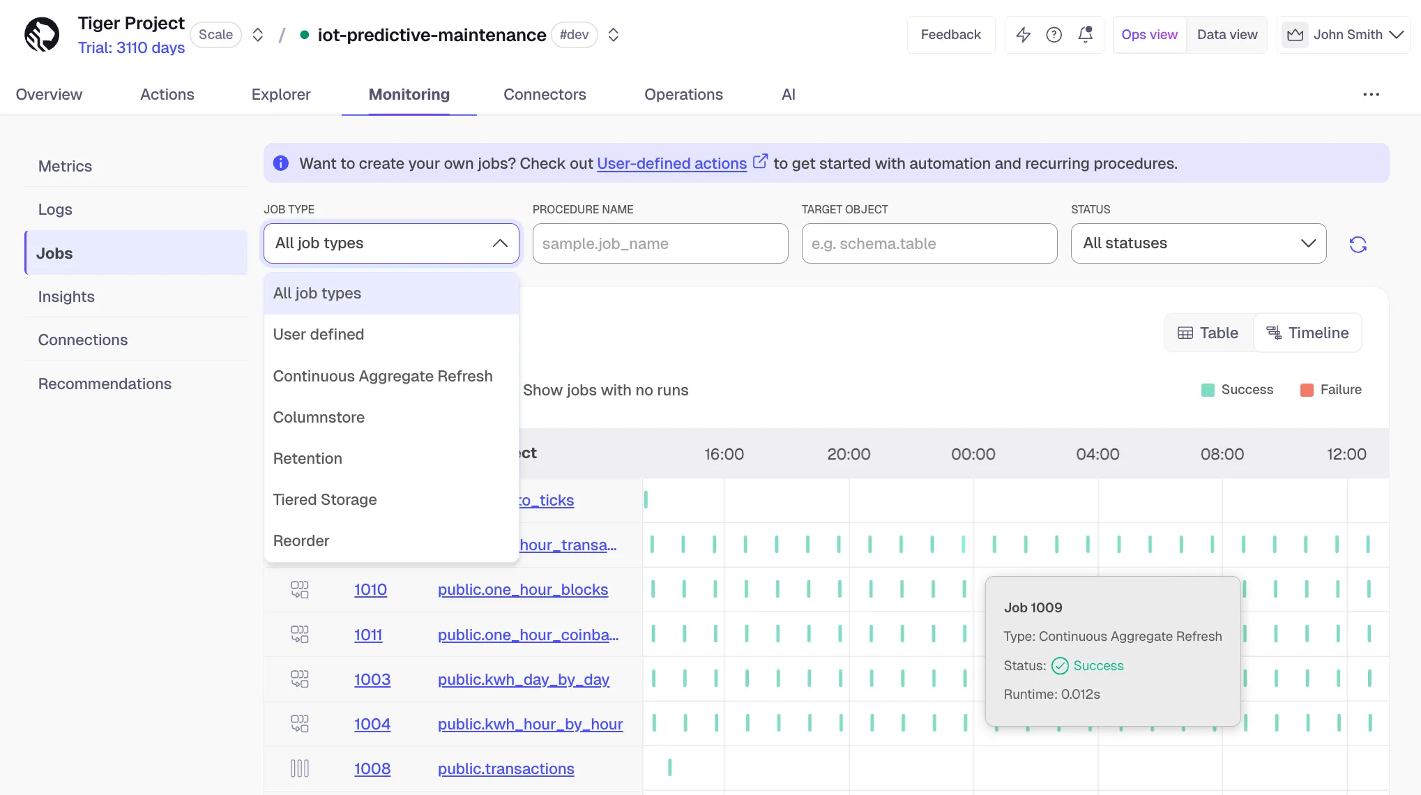 Tiger Cloud jobs timeline