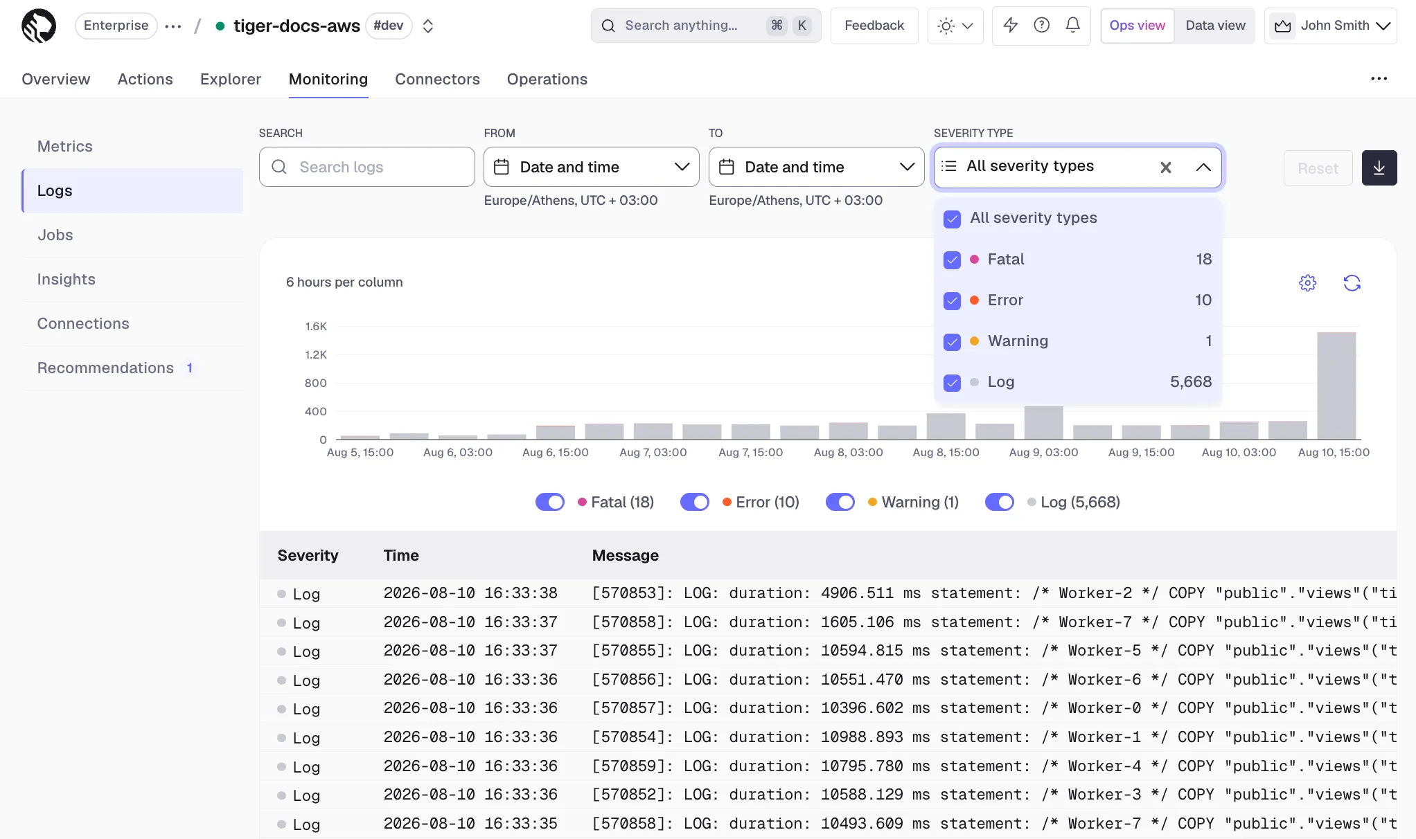 Redesigned Logs page in Tiger Console with search, severity filters, and histogram view